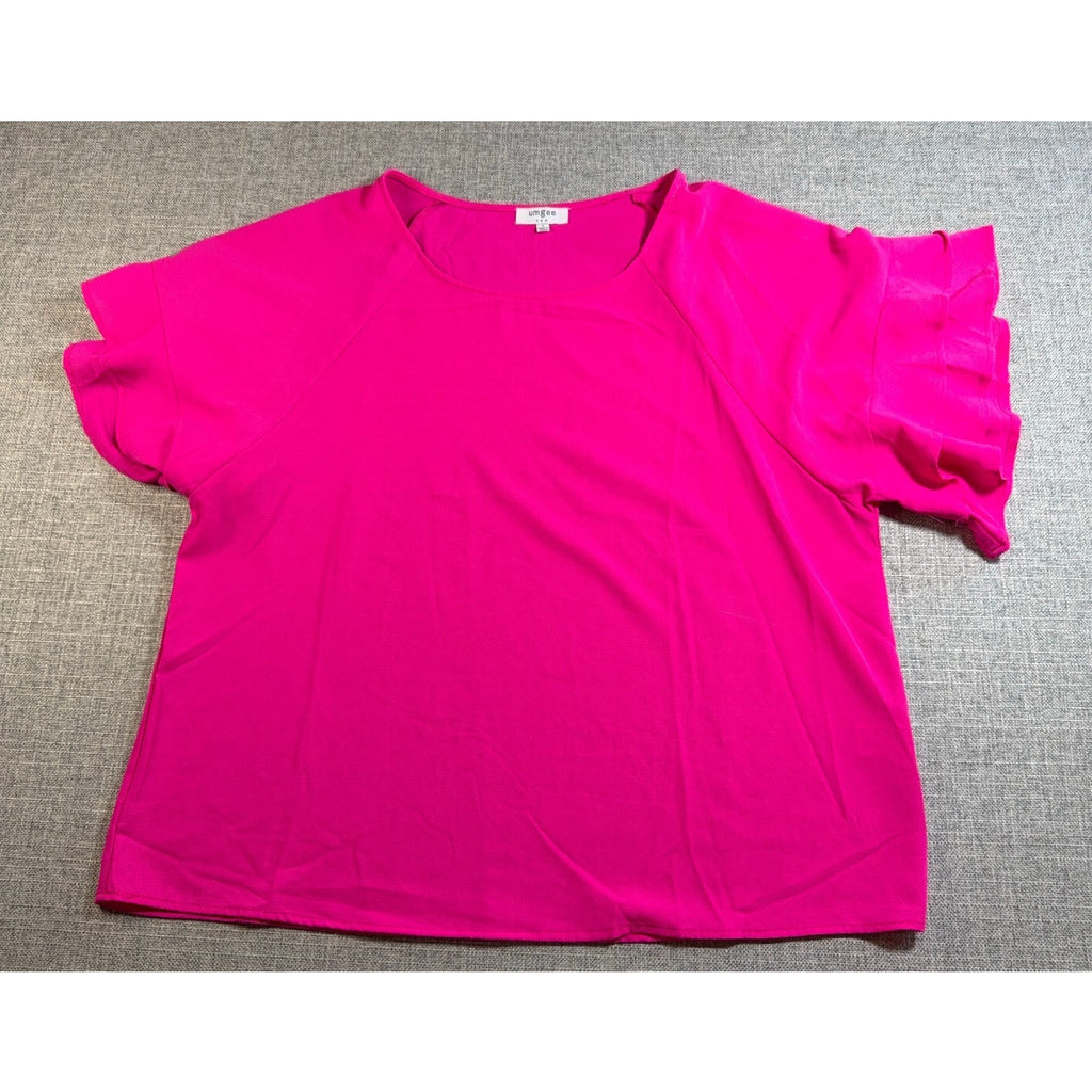 Umgee Women’s Large Hot Pink Blouse Layered Ruffle Bell Sleeve Boho Tunic Top