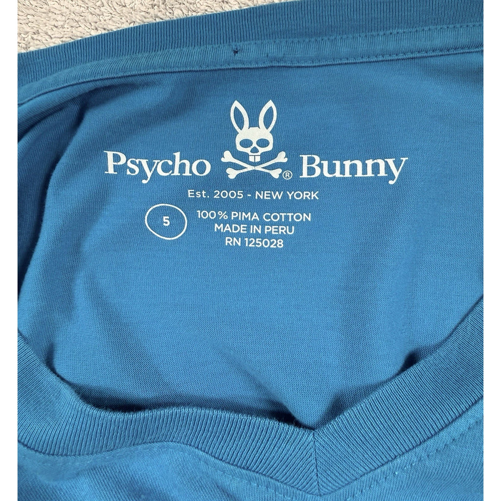 Psycho Bunny Men’s Blue V Neck T Shirt Size 5 Large Pima Cotton Neon Trim