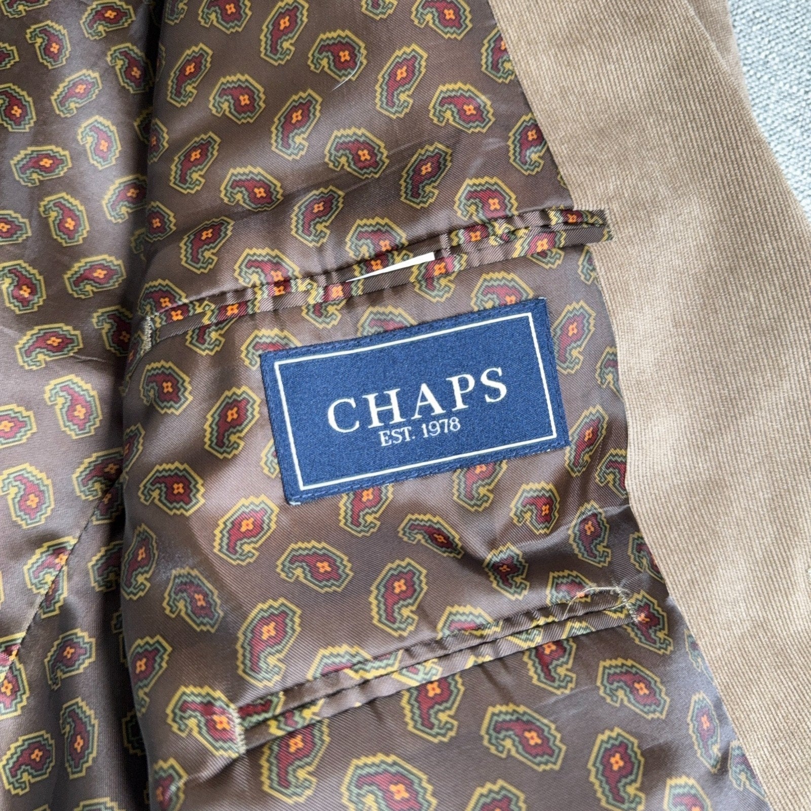 Chaps Mens 50R Tan Corduroy Blazer Sport Coat Paisley Lined 2 Button