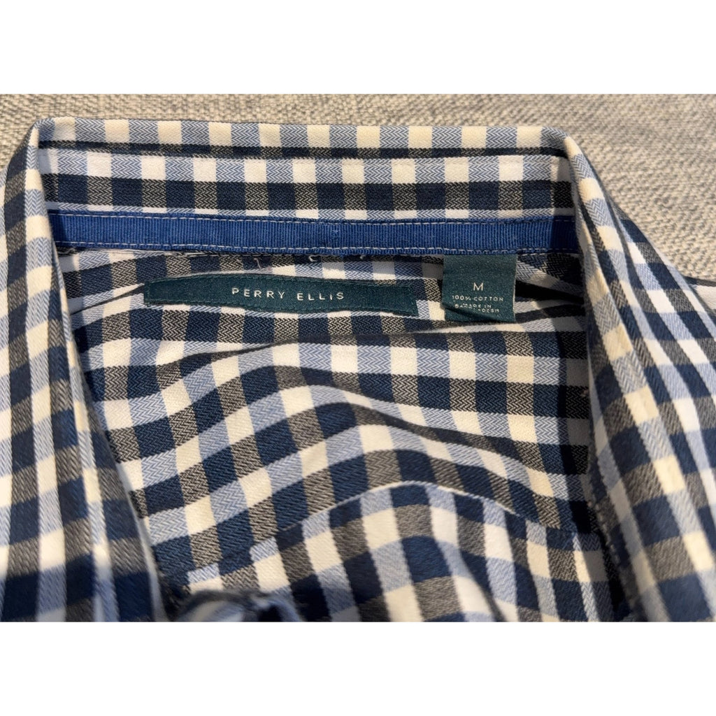 Perry Ellis Shirt Mens Medium Blue White Gingham Check Button Down Cotton Long S