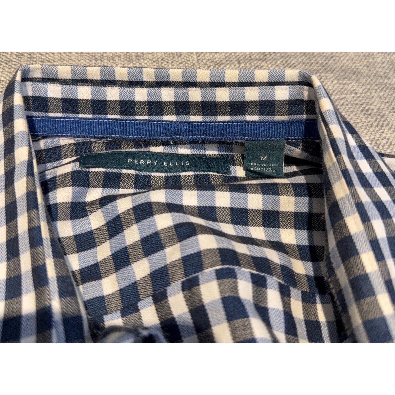 Perry Ellis Shirt Mens Medium Blue White Gingham Check Button Down Cotton Long S