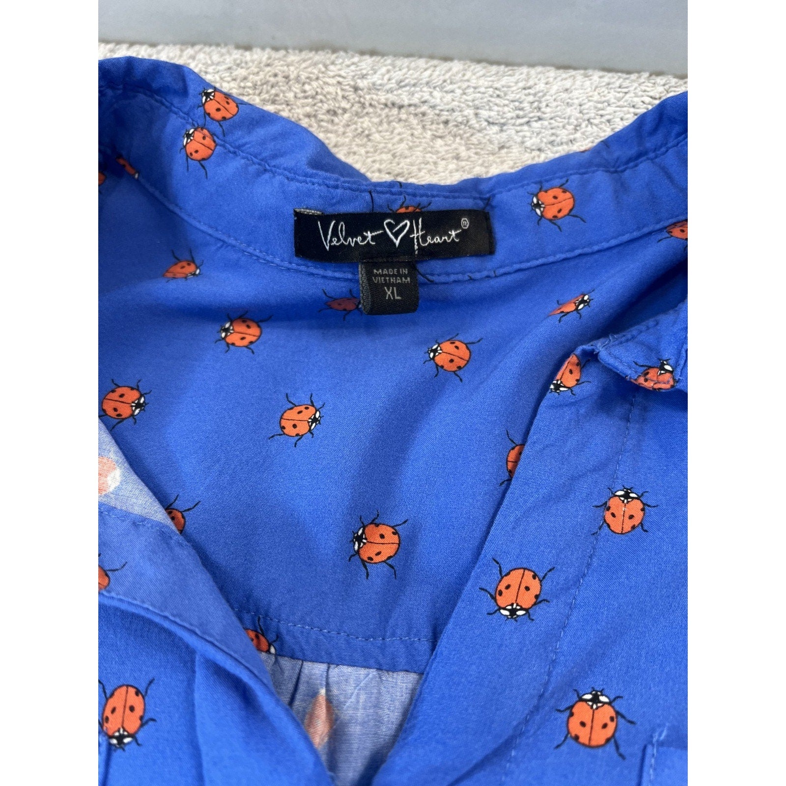 Velvet Heart Whimsical Ladybug Rayon Blouse XL Blue Indie Cottagecore Top