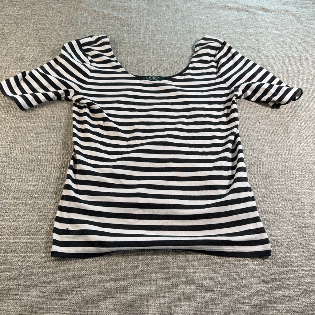 Lauren Ralph Lauren Womens L Black White Striped Cotton Stretch Scoop Neck Top