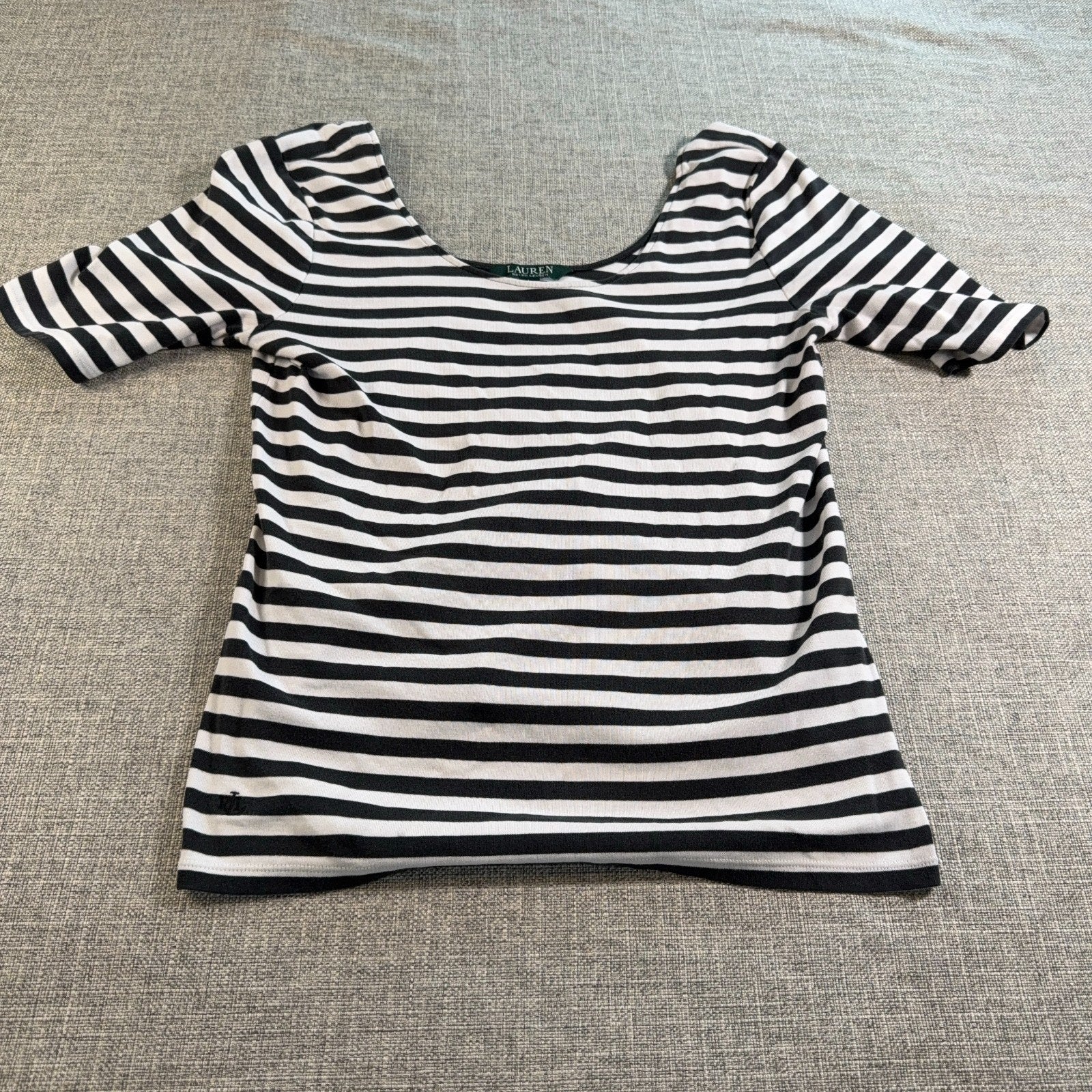 Lauren Ralph Lauren Womens L Black White Striped Cotton Stretch Scoop Neck Top