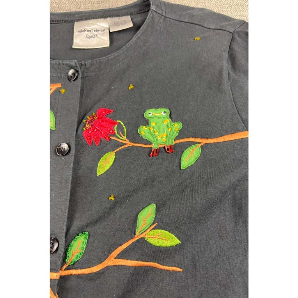 Michael Simon Light Frog Cardigan Womens X Embroidered Beaded Novelty Black
