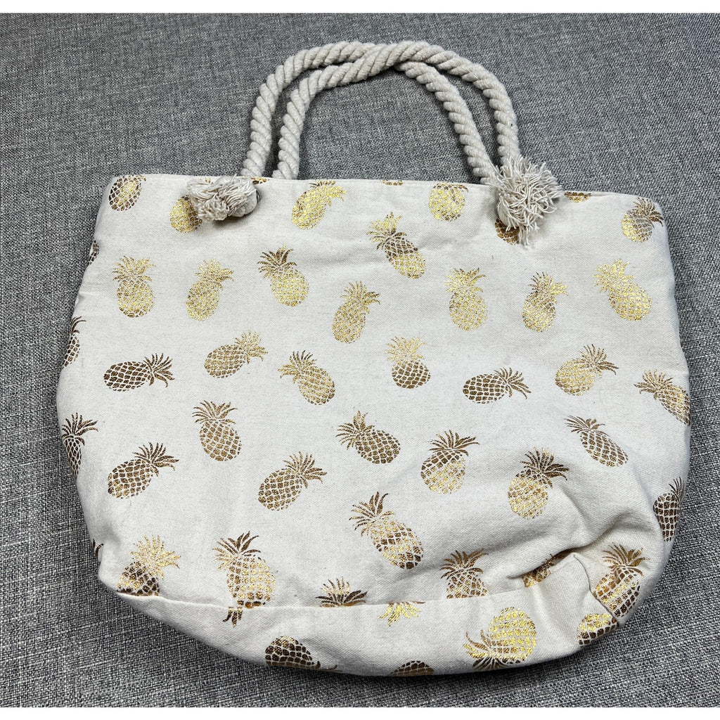 Large Gold Pineapple Canvas Beach Tote Bag Rope Handles Zip Top Cream