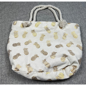 Large Gold Pineapple Canvas Beach Tote Bag Rope Handles Zip Top Cream