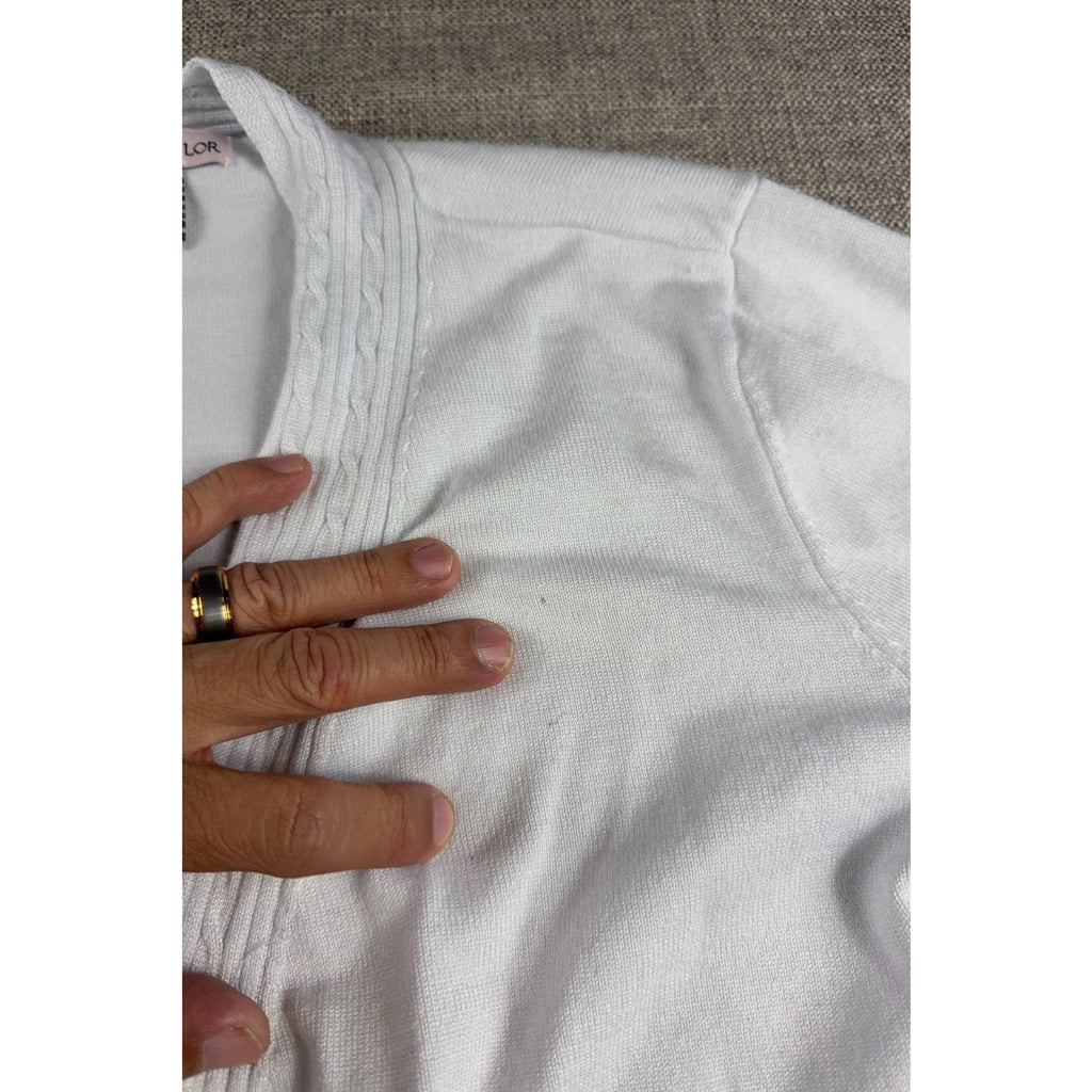 Carolyn Taylor Cardigan XL White Open Front Long Sleeve Cable Trim Rayon Blend