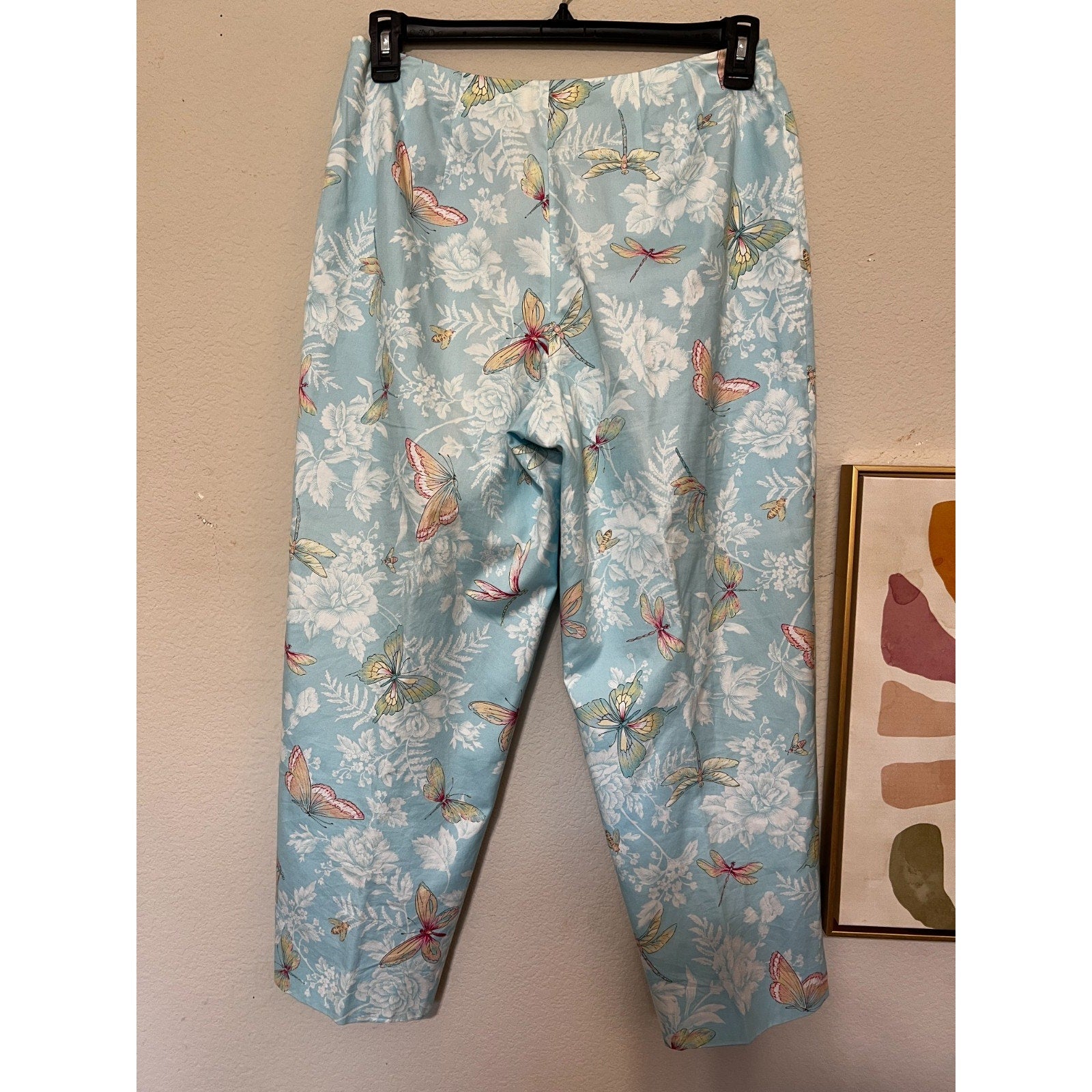 Cottagecore Talbots Petites Pants Womens 12P Blue Butterfly Floral Cotton Capri
