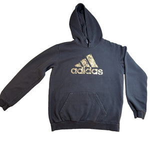 Adidas HK9146 Hoodie Mens M Black Gold Foil Logo Pullover Sweatshirt Faded