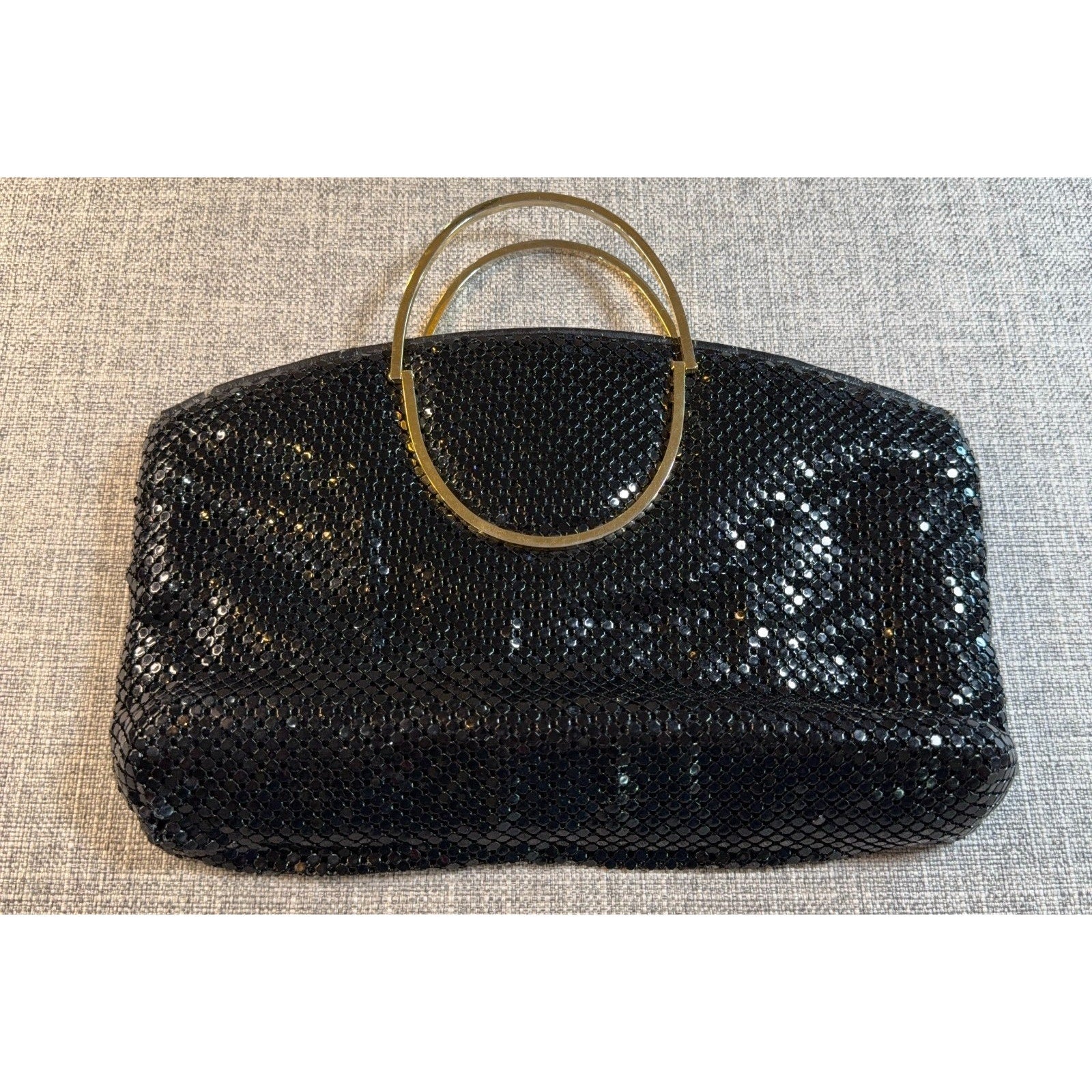 Black Metal Mesh Evening Bag Gold Ring Handles Chainmail Clutch Purse