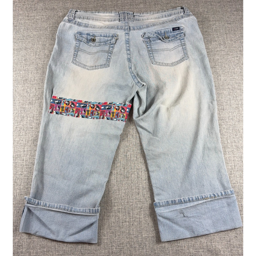Angels Y2K Light Wash Cuffed Capri Jeans Custom Comic Patch Wide Leg 39 Waist