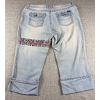 Angels Y2K Light Wash Cuffed Capri Jeans Custom Comic Patch Wide Leg 39 Waist