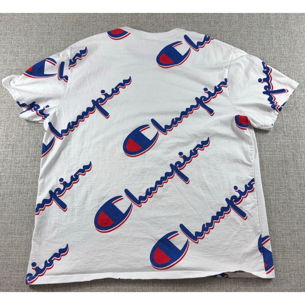Champion All Over Logo T Shirt Mens XL White Red Blue Script Streetwear Tee