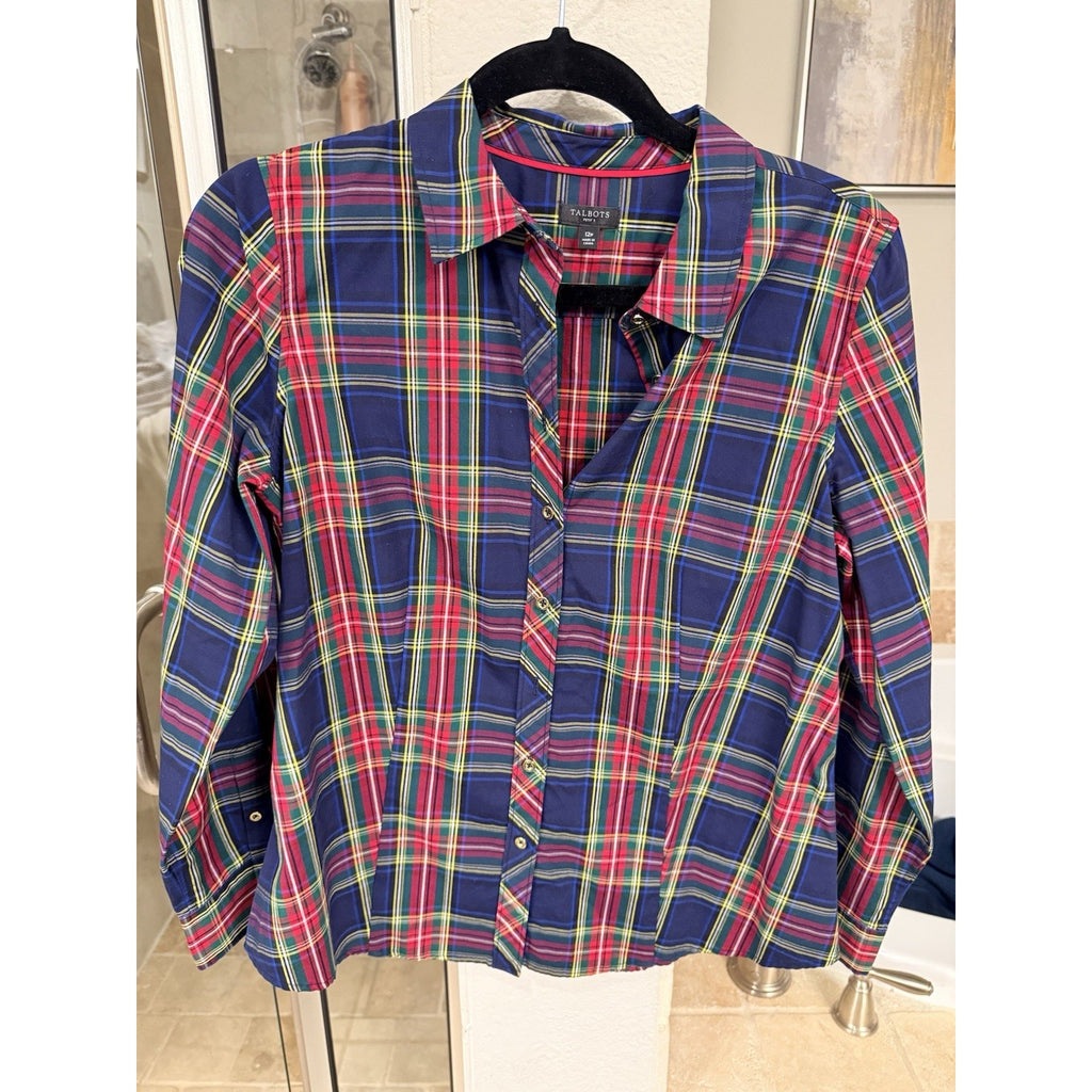 Talbots Petite 12P Plaid Button Front Shirt Womens Red Blue Green Tartan Stretch