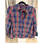 Talbots Petite 12P Plaid Button Front Shirt Womens Red Blue Green Tartan Stretch