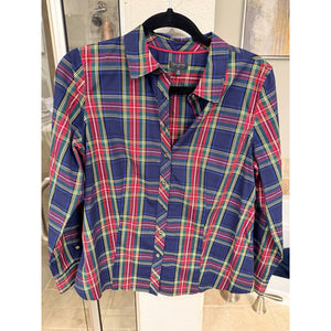 Talbots Petite 12P Plaid Button Front Shirt Womens Red Blue Green Tartan Stretch
