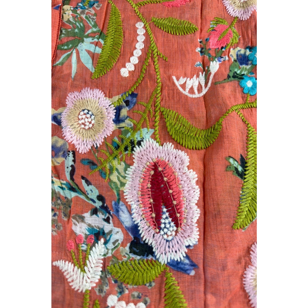 Soft Surroundings M Embroidered Floral Tunic Blouse Velvet Collar Boho Orange