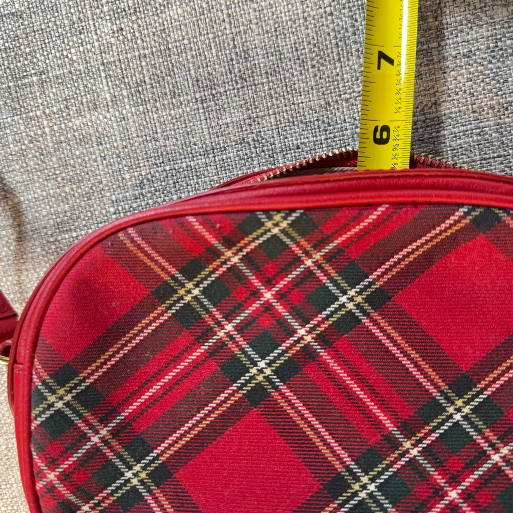 Talbots Red Tartan Plaid Camera Crossbody Bag Leather Trim Gold Hardware