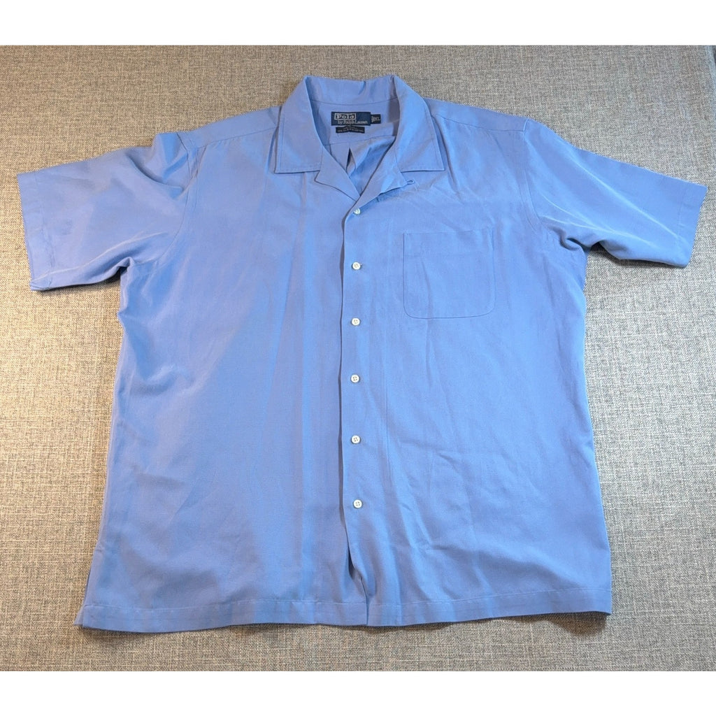 Vintage Polo Ralph Lauren Caldwell Shirt Mens XL Blue Silk Cotton Camp Collar