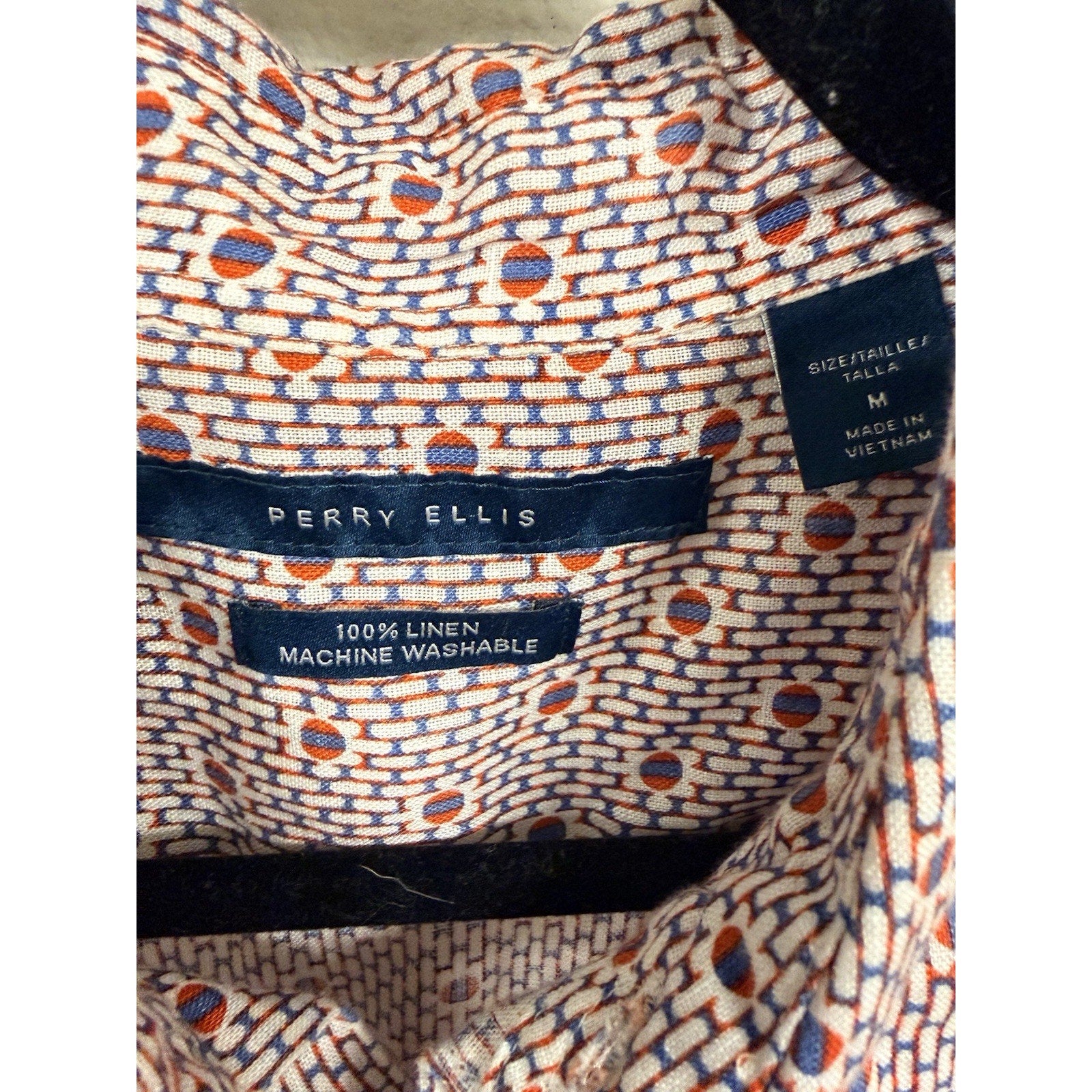Perry Ellis Men’s 100% Linen Button Front M Geometric Print Short Sleeve Summer