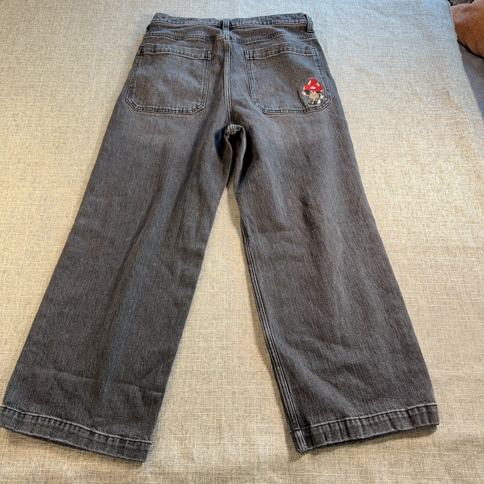Hollister Super Baggy Jeans Mens 34x30 Gray Black Mushroom Patch Y2K Wide Leg