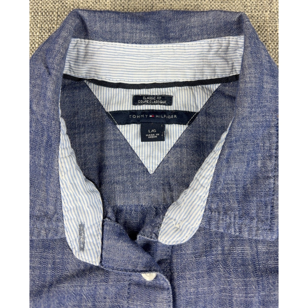 Tommy Hilfiger Womens Chambray Shirt Large Blue Roll Tab Sleeve Classic Fit