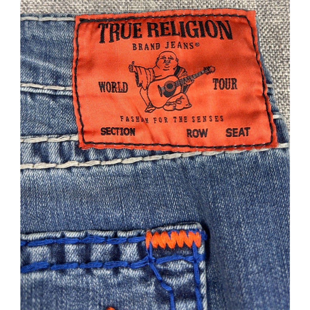 True Religion Rocco Relaxed Skinny Jeans Mens 44 Blue Orange Contrast Stitch