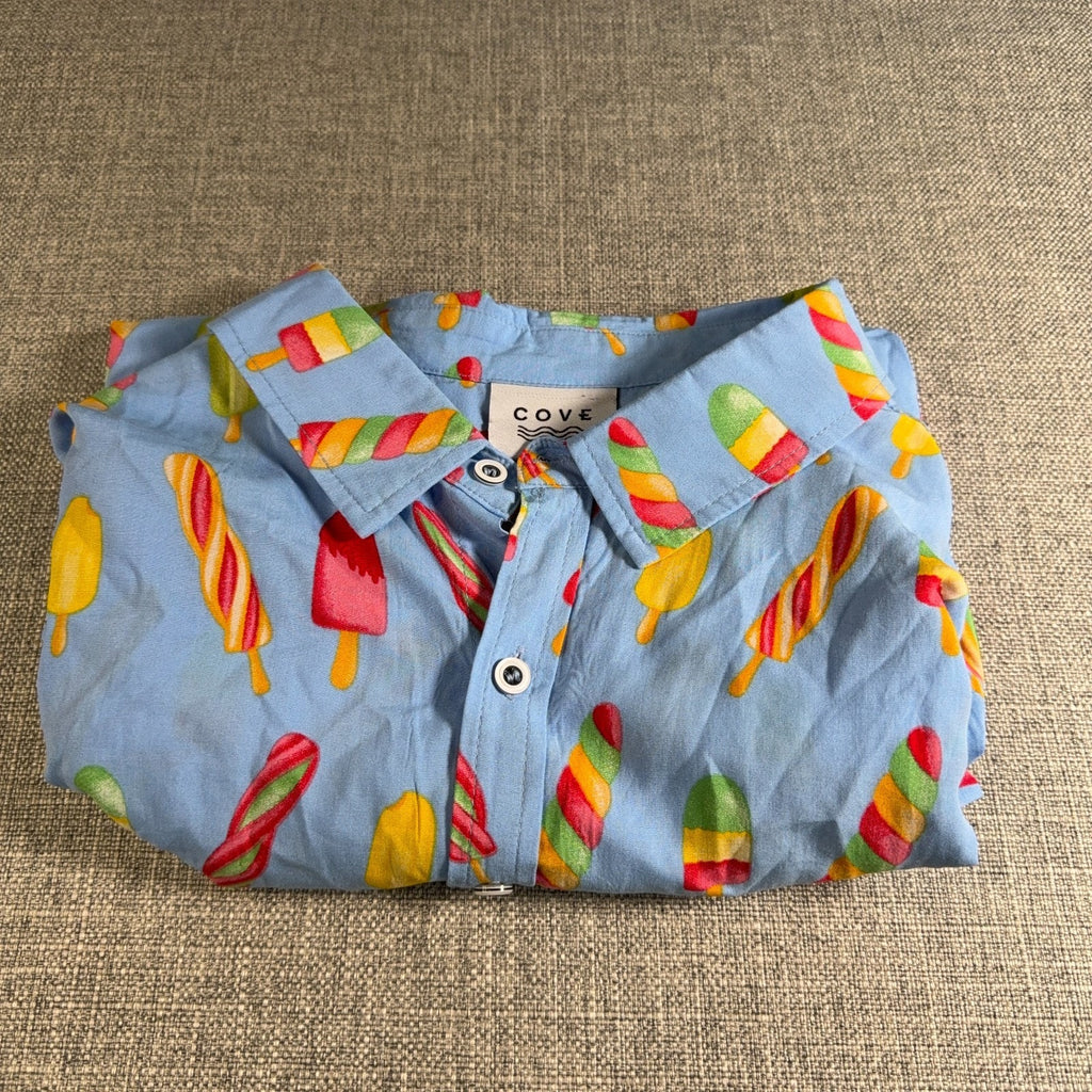 Cove Mens XL Rayon Button Up Shirt Blue Popsicle Print Novelty Vacation Beach