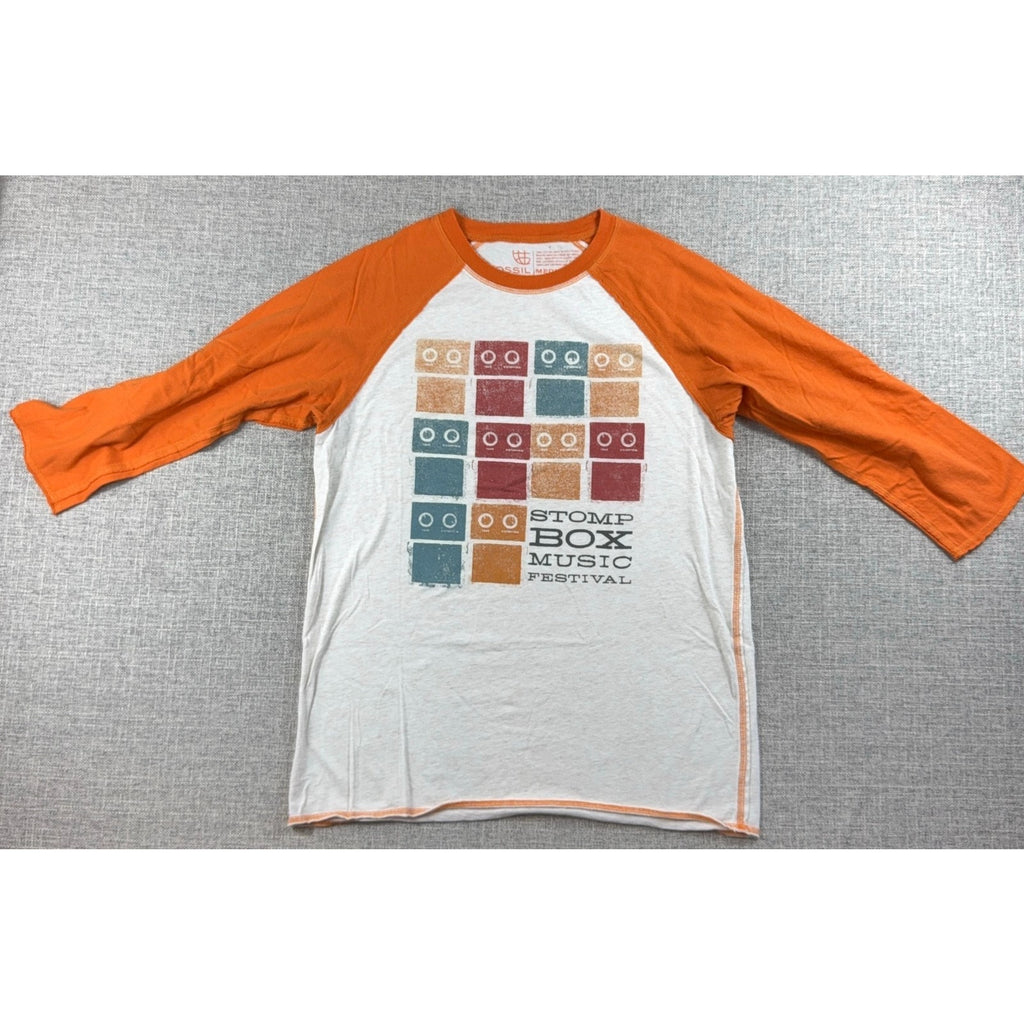 Fossil Stomp Box Music Festival Raglan Shirt Medium Orange 3/4 Sleeve Y2K