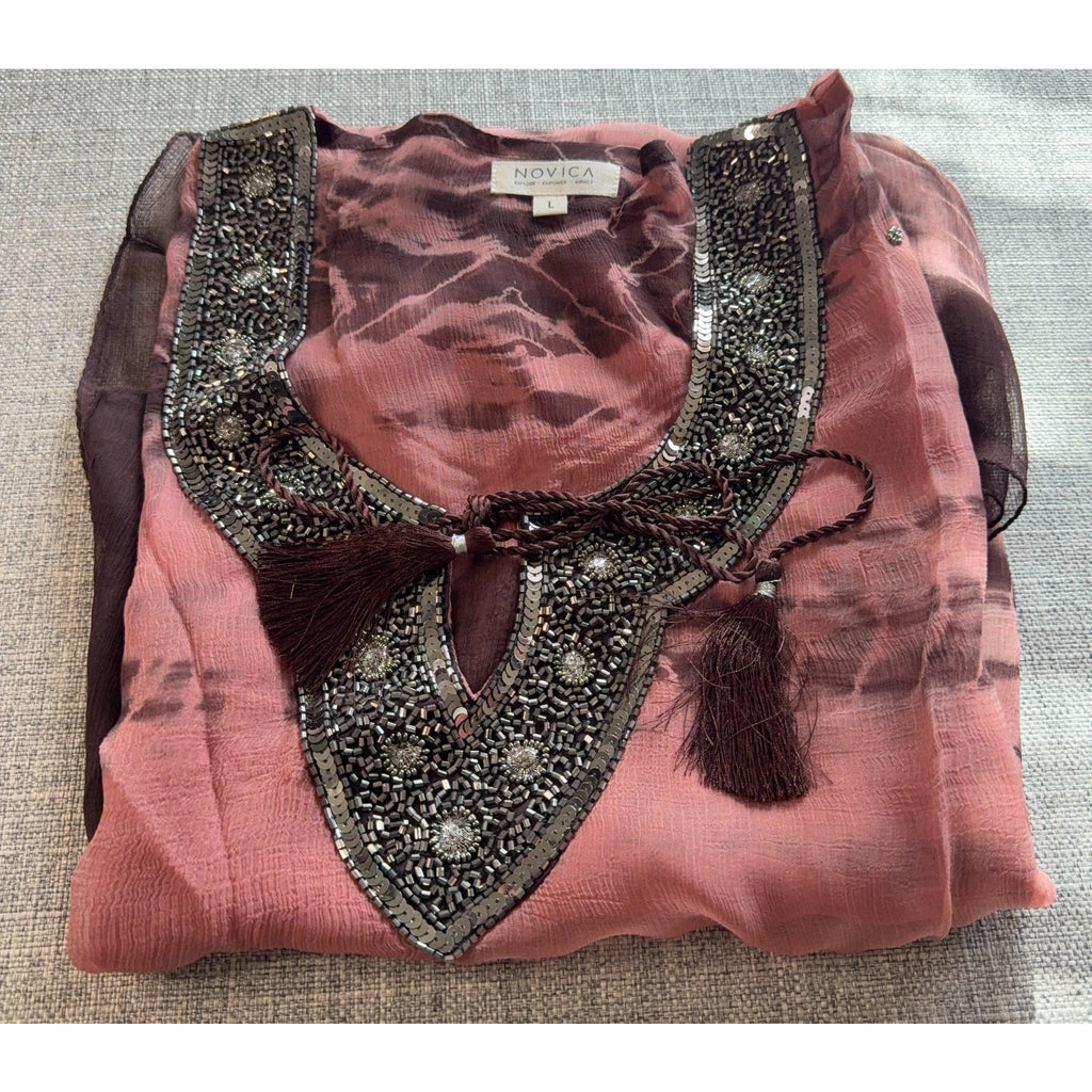 NOVICA Vijay Singh 2 Piece Beaded Sheer Kaftan Tunic Tank L NWOT Boho