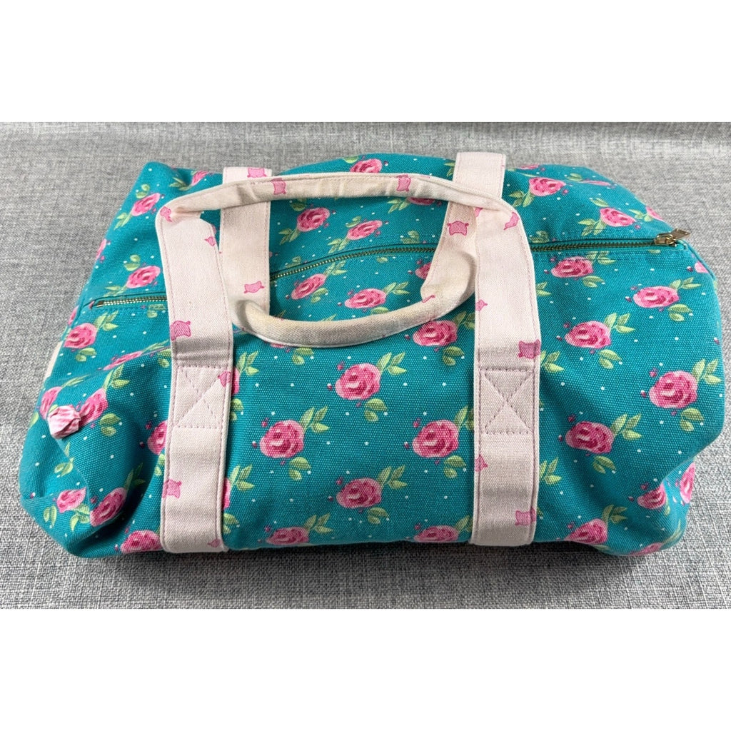 Whim + Wander Floral Canvas Duffel Bag Teal Pink Rose Weekender Shoulder Strap