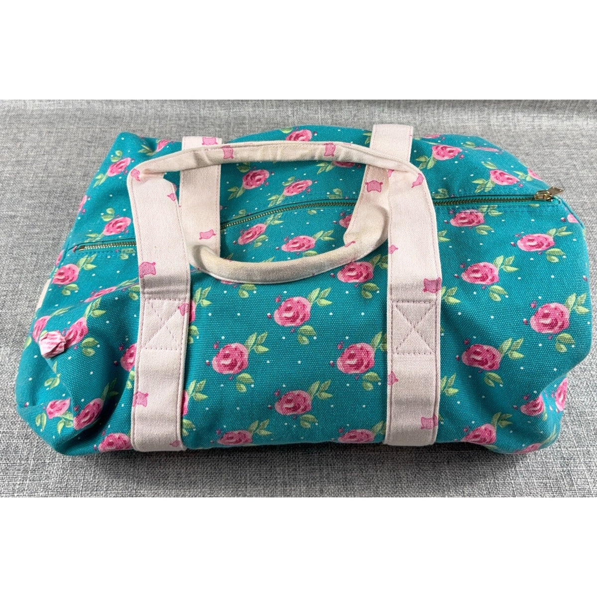 Whim + Wander Floral Canvas Duffel Bag Teal Pink Rose Weekender Shoulder Strap