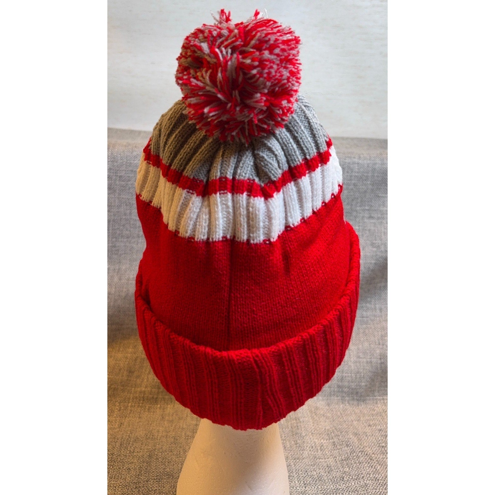 Ohio State Knit Beanie Pom Pom Scarlet Gray White Cuffed Winter Hat