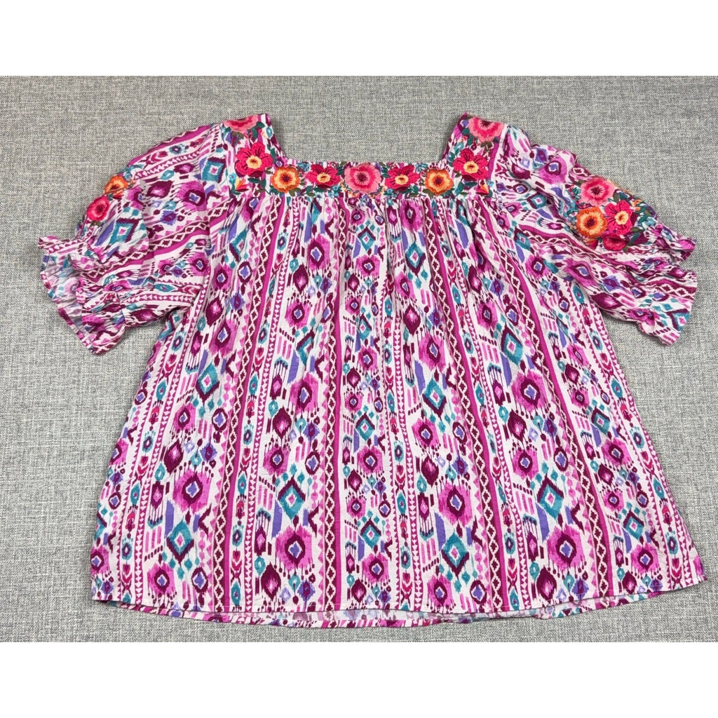 Savanna Jane Top Womens 2X Pink Embroidered Boho Tunic Blouse Plus Size