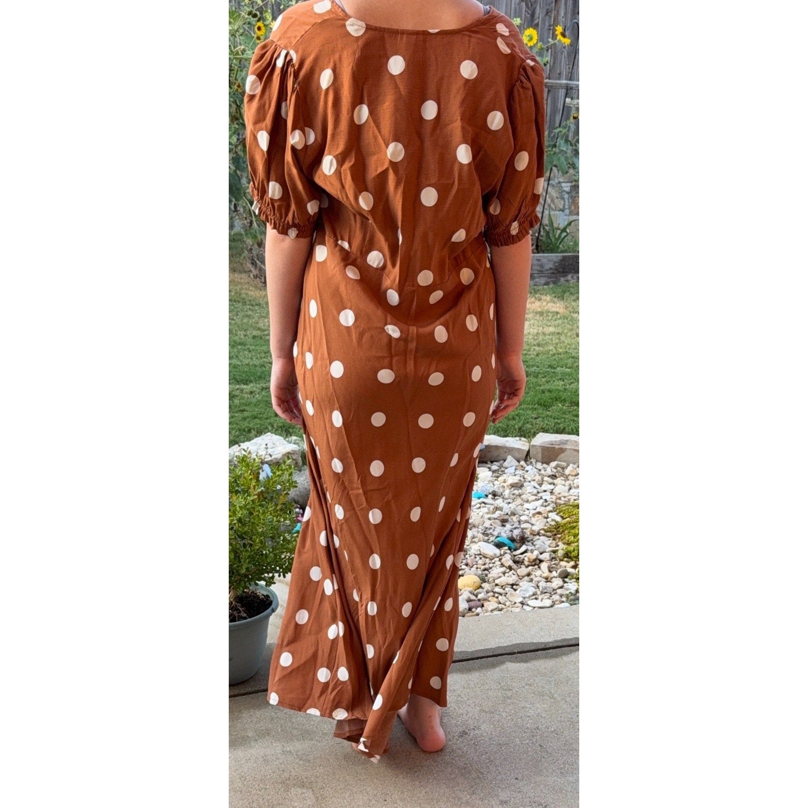 A New Day Maxi Dress Womens XL Brown Cream Polka Dot Puff Sleeve V Neck Boho