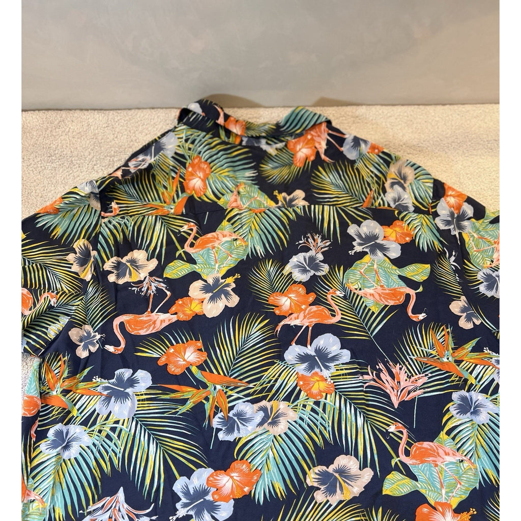 Denim And Flower Ricky Singh Tropical Flamingo Hawaiian Camp Shirt Men’s L