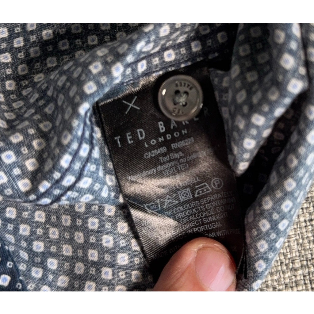 Ted Baker Mens Shirt Large 4 Blue Geometric Short Sleeve Button Up Portugal