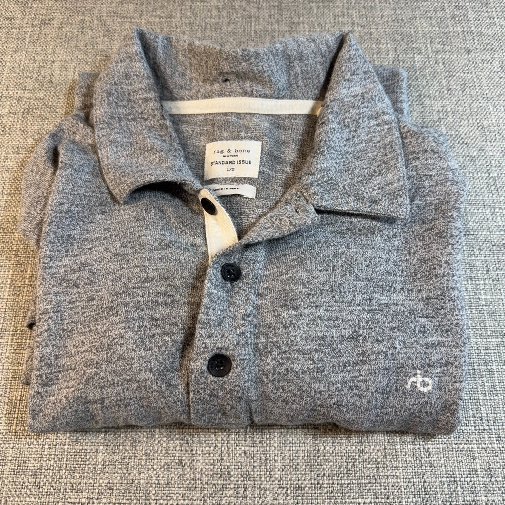 Rag & Bone Standard Issue Men's L Gray Heather Logo Polo Cotton Blend Peru