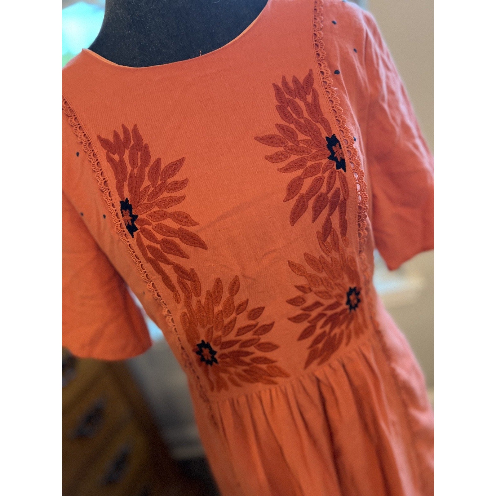 ROOLEE Womens Embroidered Boho Midi Dress Coral Prairie Cottagecore NWT Medium