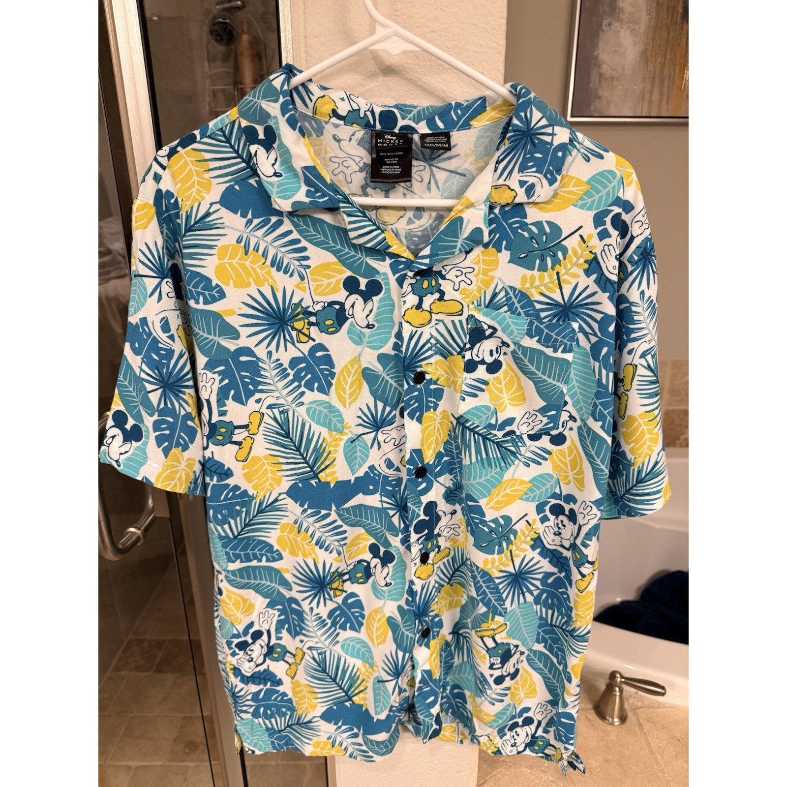 Disney Mickey Mouse Tropical Hawaiian Shirt Men’s M Blue Yellow Button Front