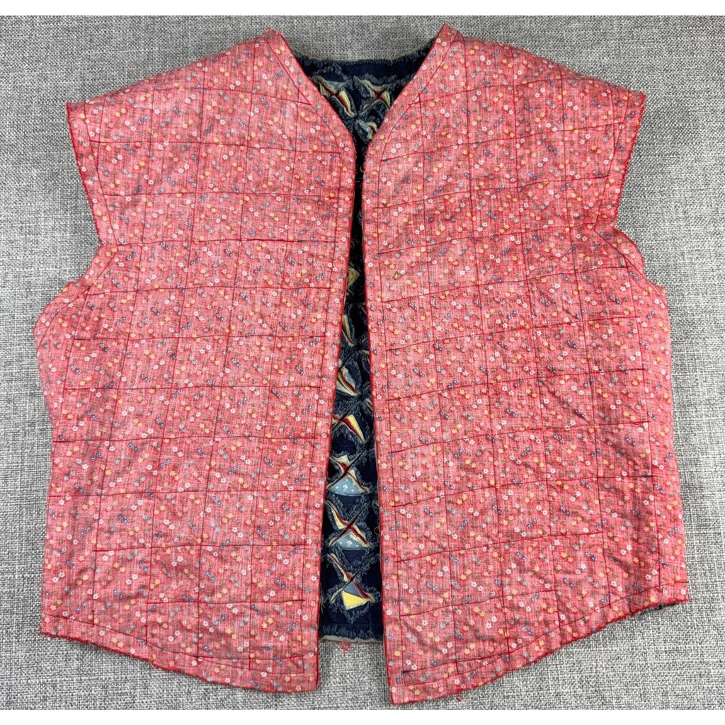 Handmade Reversible Patchwork Rag Quilt Vest Womens M Denim Floral Boho Funky