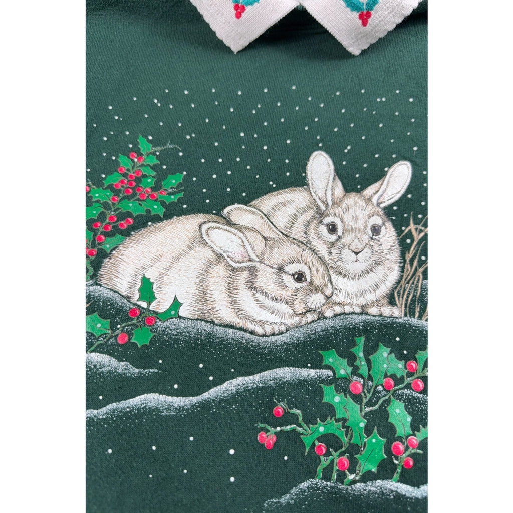 Vintage 90s Morning Sun Christmas Bunny Sweatshirt Womens M Peter Pan Collar