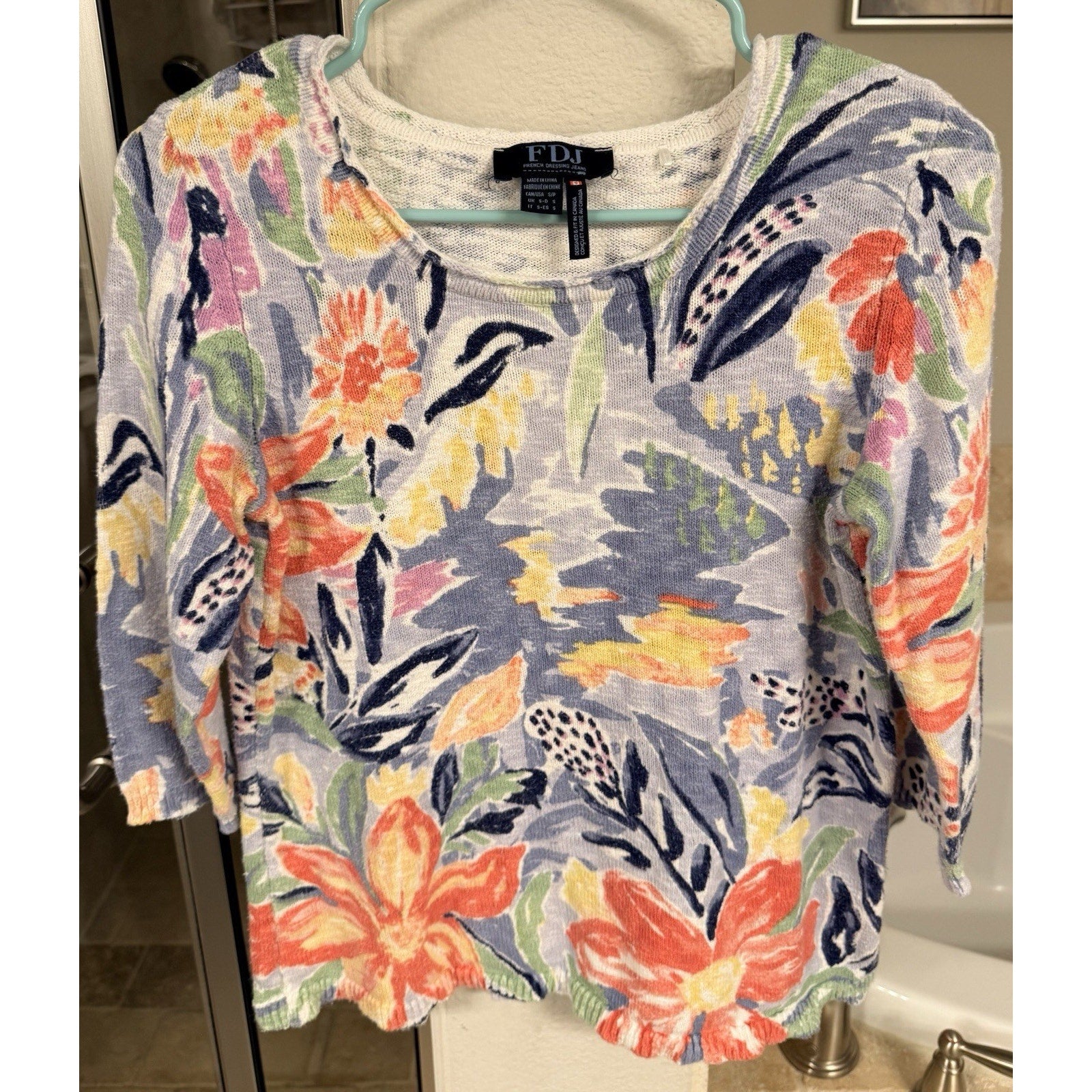 FDJ French Dressing Jeans Floral Knit Sweater Womens S Cotton Lt weight Colorful