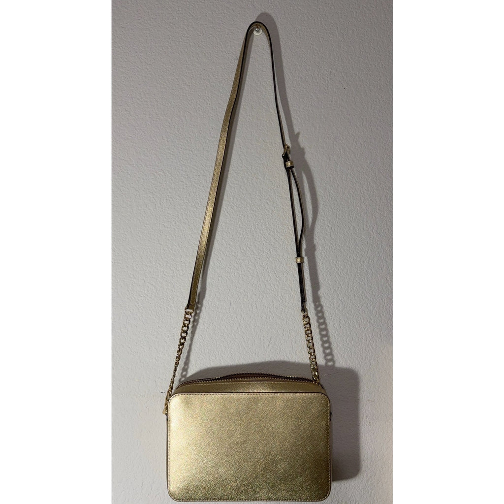 Michael Kors Gold Saffiano Leather Crossbody Bag Chain Strap Zip Top Purse MK
