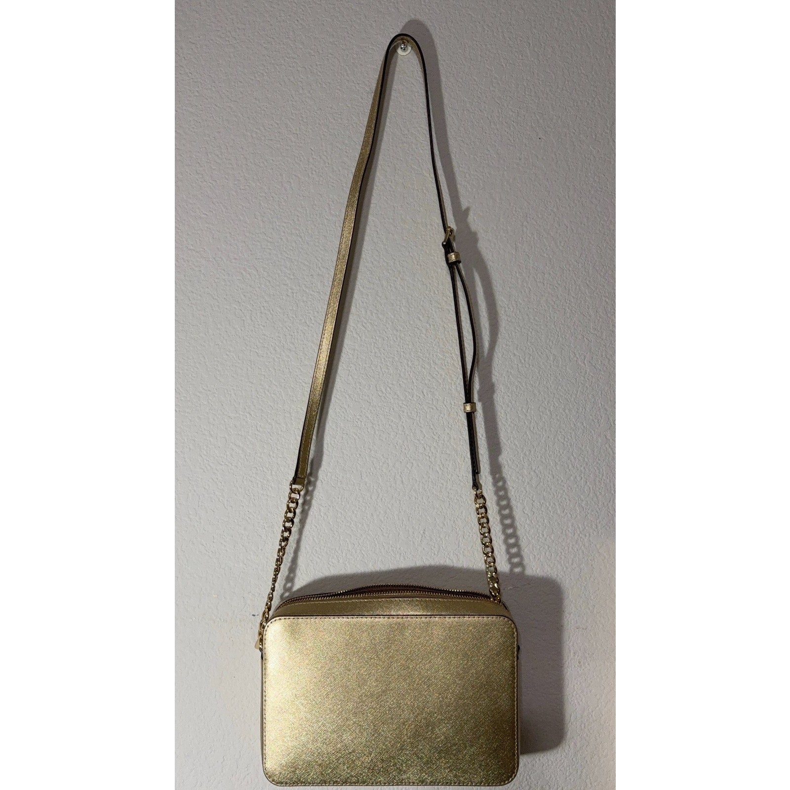 Michael Kors Gold Saffiano Leather Crossbody Bag Chain Strap Zip Top Purse MK