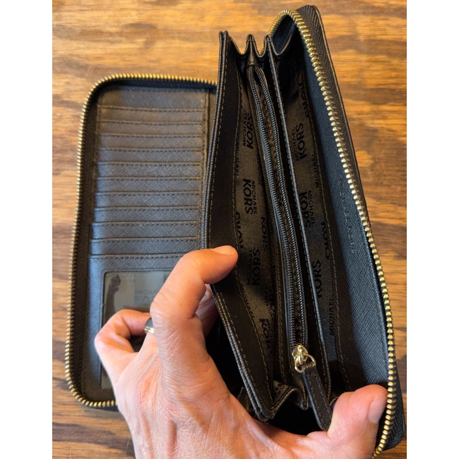 Michael Kors Wallet Black Zip Around Continental Pebbled Leather Gold Logo Women