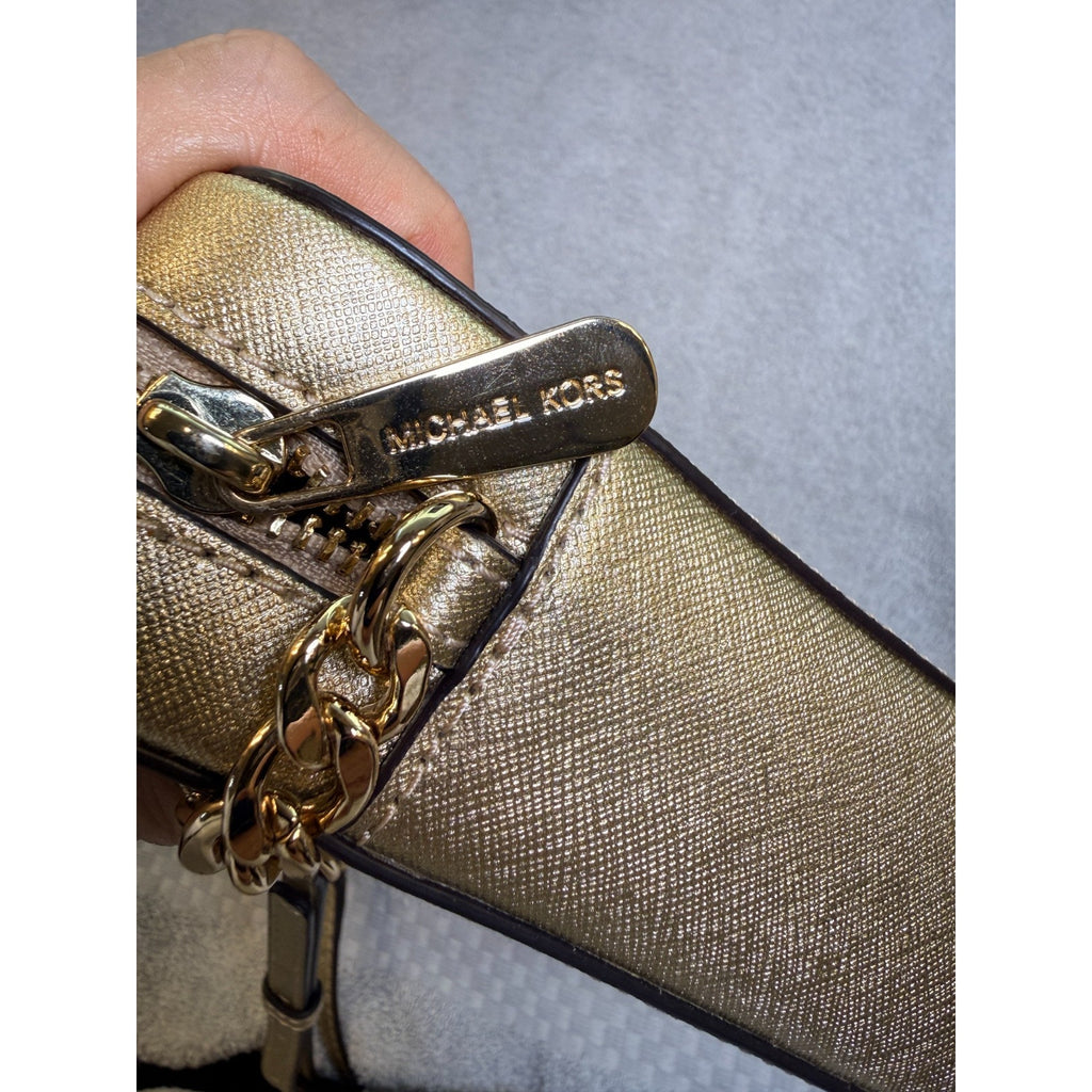 Michael Kors Gold Saffiano Leather Crossbody Bag Chain Strap Zip Top Purse MK