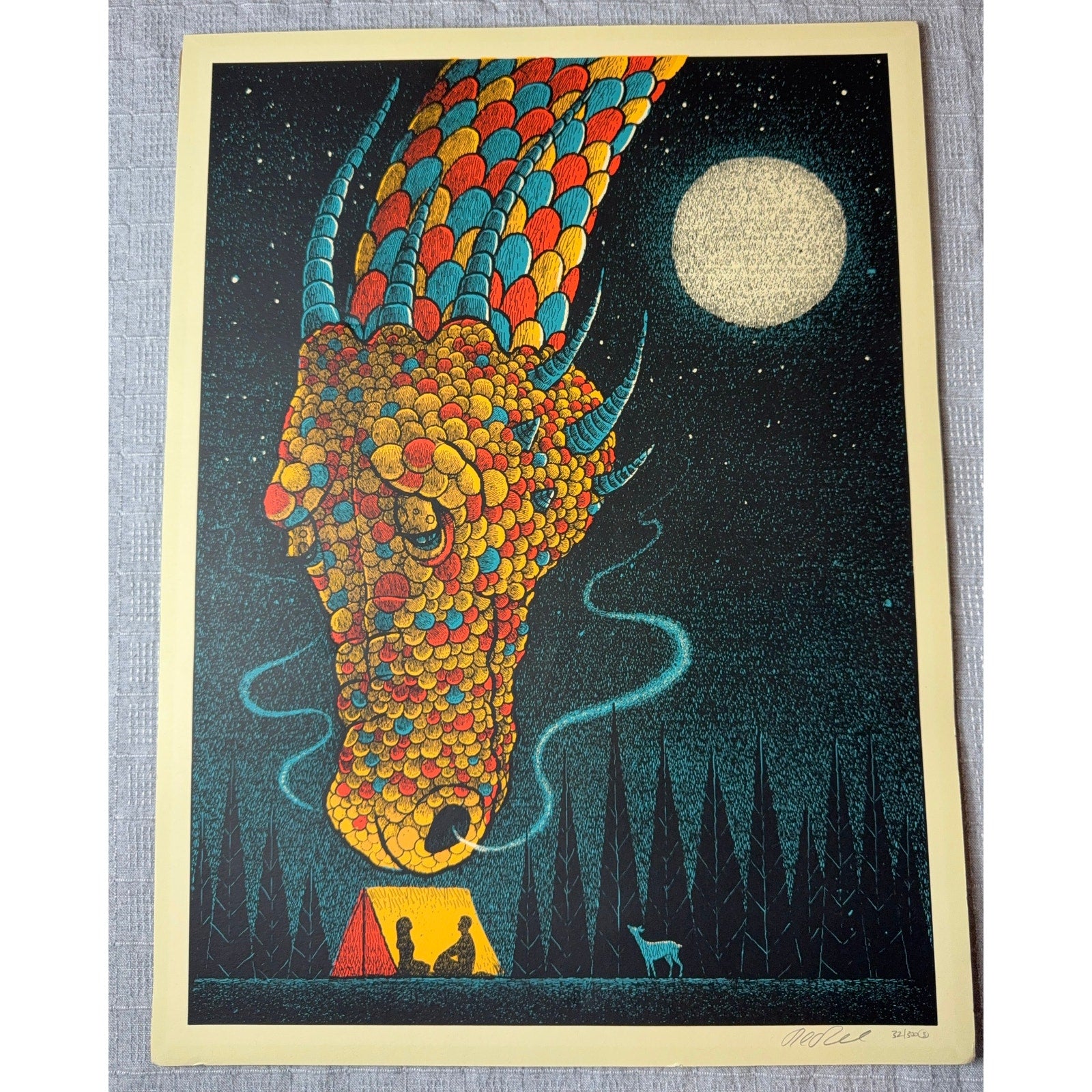 Signed Limited Edition Dragon Art Print 32/300 Fantasy Moon Camping Numbered