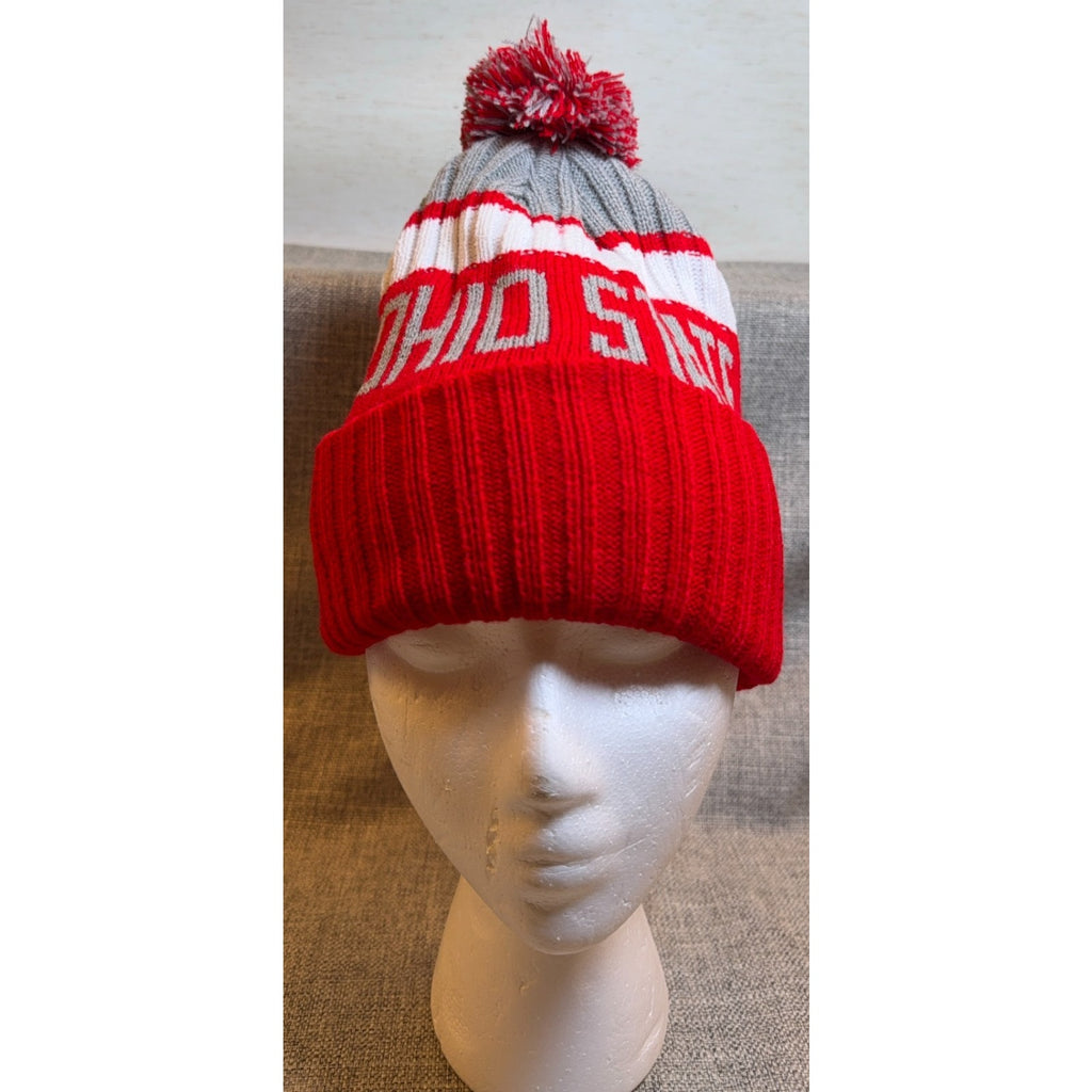 Ohio State Knit Beanie Pom Pom Scarlet Gray White Cuffed Winter Hat